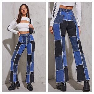 Shein Patchwork Distressed Black & Blue Denim High Waist Button Fly Flare Jeans